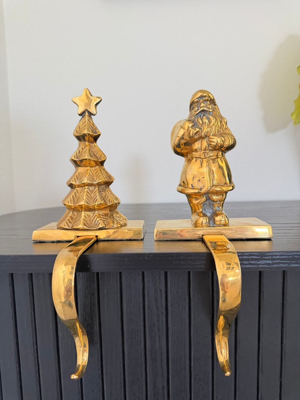 Pair of Vintage Brass Christmas Stocking Hangers Santa and Christmas Tree